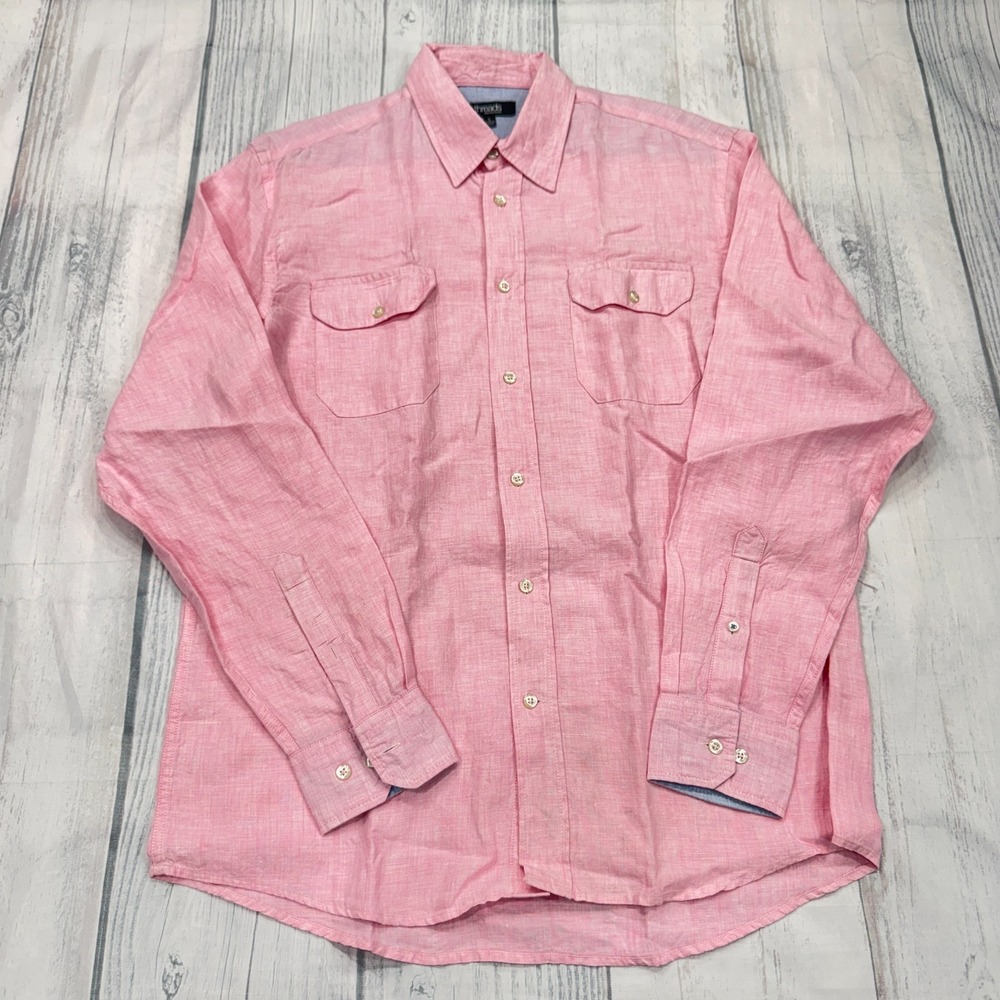 Threads Saks Fifth Avenue Button Shirt L Linen Pink Mens Beach Casual